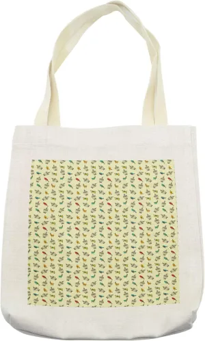 Lunarable Birdcage Tote Bag, Colorful Little Birds Pattern with Green Leaves and Small Flowers on Their Beaks, Cloth Linen Reusable Bag for Shopping Books Beach and More, 16.5" X 14", Cream