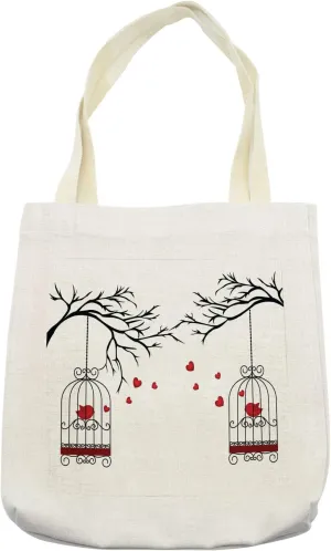Lunarable Birds Tote Bag, 2 Lovers in Birdcages Hanging from Branches Impossible Love Theme Illustration, Cloth Linen Reusable Bag for Shopping Books Beach and More, 16.5" X 14", Cream