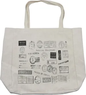 Lunarable Black and White Shopping Bag, 19 Different Postal Marks Special Delivery Postage Mail Theme, Eco-Friendly Reusable Bag for Groceries Beach and More, 15.5" X 14.5", Cream