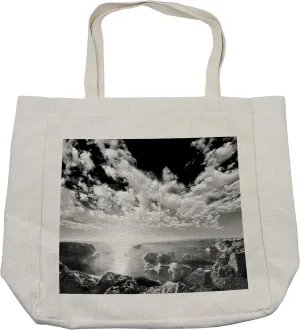 Lunarable Black and White Shopping Bag, New York Skyscrapers Skyline Black and White Rooftop View Manhattan Midtown Print, Eco-Friendly Reusable Bag for Groceries Beach and More, 15.5" X 14.5", Cream