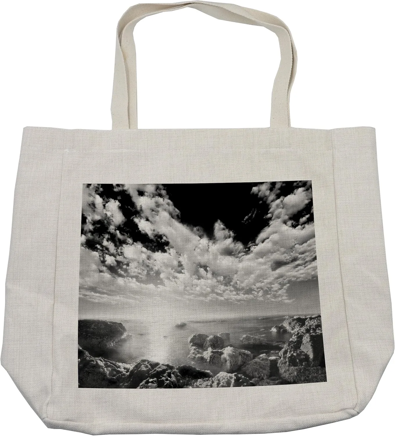 Lunarable Black and White Shopping Bag, New York Skyscrapers Skyline Black and White Rooftop View Manhattan Midtown Print, Eco-Friendly Reusable Bag for Groceries Beach and More, 15.5" X 14.5", Cream