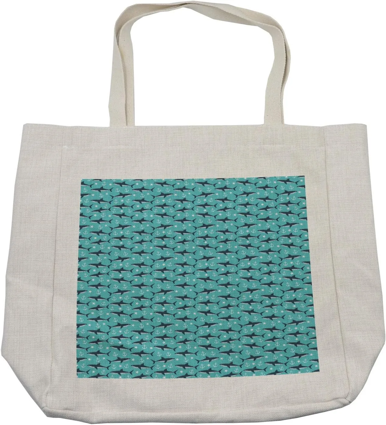 Lunarable Blue Nautical Shopping Bag, Demonstration of Shark Star and Anchor Silhouettes Sea Animal, Eco-Friendly Reusable Bag for Groceries Beach and More, 15.5" X 14.5", Cream
