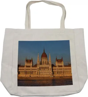 Lunarable Budapest Shopping Bag, Hungarian Parliament at Sunset Nearby the River Landmark During Sundown Real Image, Eco-Friendly Reusable Bag for Groceries Beach and More, 15.5" X 14.5", Cream