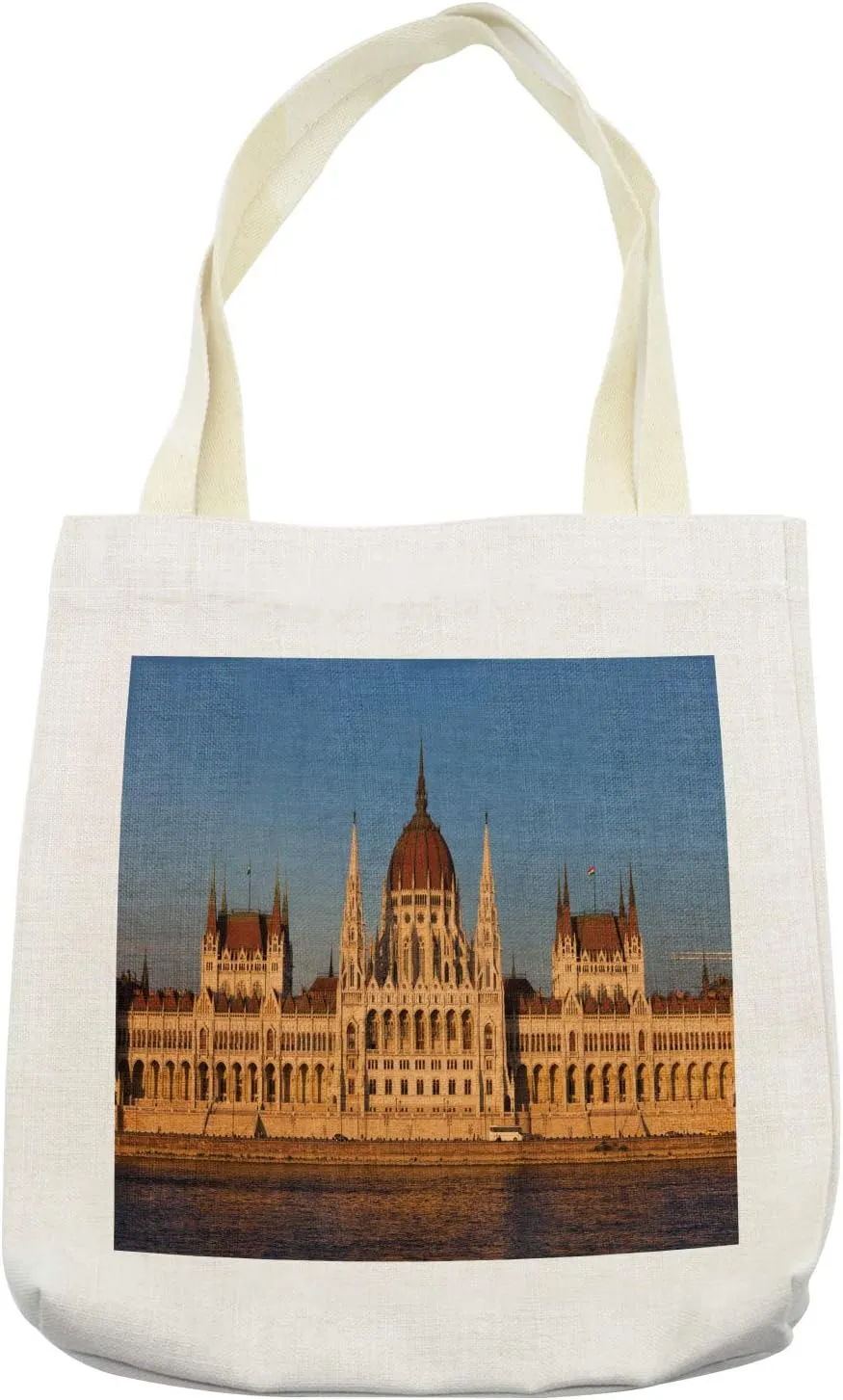 Lunarable Budapest Tote Bag, Hungarian Parliament at Sunset Nearby the River Landmark During Sundown Real Image, Cloth Linen Reusable Bag for Shopping Books Beach and More, 16.5" X 14", Cream