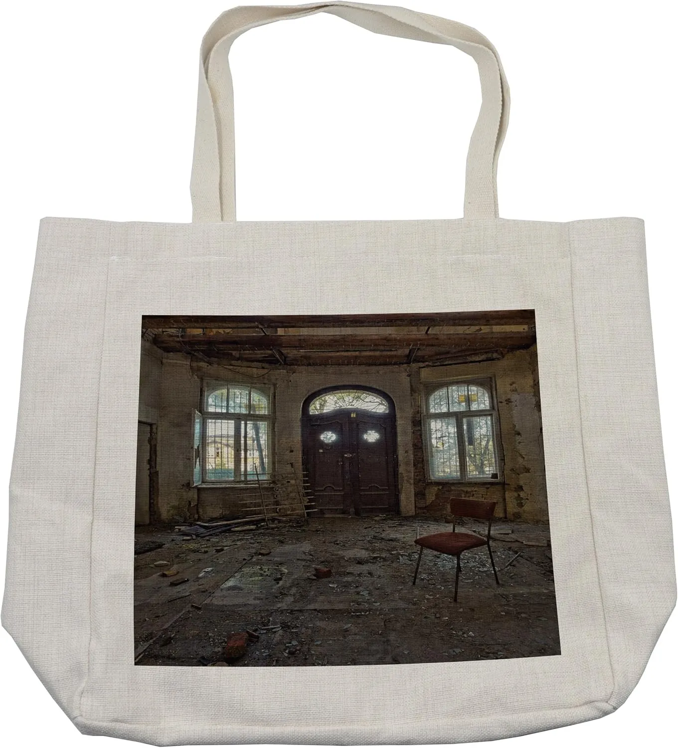 Lunarable Building Shopping Bag, Abandoned House Room with Broken Window and Damaged Walls Empty Ruins Print, Eco-Friendly Reusable Bag for Groceries Beach and More, 15.5" X 14.5", Cream