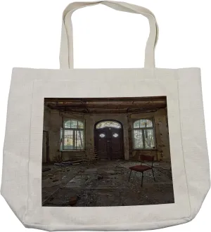 Lunarable Building Shopping Bag, Abandoned House Room with Broken Window and Damaged Walls Empty Ruins Print, Eco-Friendly Reusable Bag for Groceries Beach and More, 15.5" X 14.5", Cream