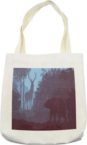 Lunarable Cabin Tote Bag, Grizzly Bear and Antler Mysterious Woodland Smoky Jungle Fauna Landscape, Cloth Linen Reusable Bag for Shopping Books Beach and More, 16.5" X 14", Cream