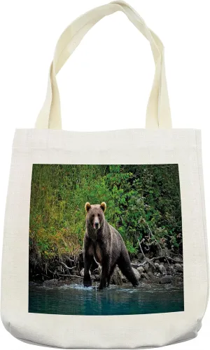 Lunarable Cabin Tote Bag, Grizzly Brown Bear in Lake Alaska Untouched Forest Jungle Wildlife Image, Cloth Linen Reusable Bag for Shopping Books Beach and More, 16.5" X 14", Cream