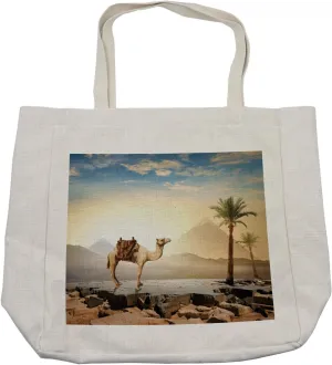 Lunarable Camel Shopping Bag, Real Image Egyptian Setting Drought Attraction Touristic Destinations in the East, Eco-Friendly Reusable Bag for Groceries Beach and More, 15.5" X 14.5", Cream