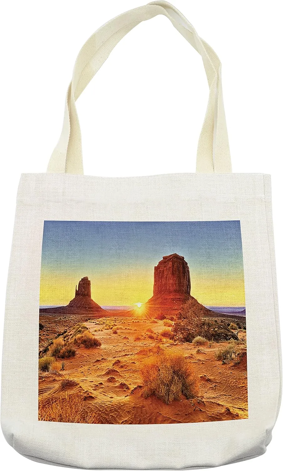 Lunarable Canyon Tote Bag, Monument Valley Tribal Park with Sunset and Big Carved Stone Lands Print, Cloth Linen Reusable Bag for Shopping Books Beach and More, 16.5" X 14", Cream