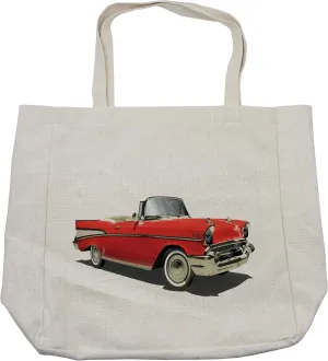 Lunarable Cars Shopping Bag, Old-Fashioned Car with Open Roof Top Past Times Transportation Theme, Eco-Friendly Reusable Bag for Groceries Beach and More, 15.5" X 14.5", Cream