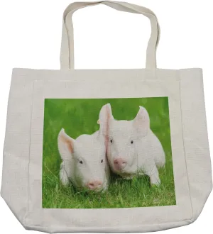 Lunarable Cartoon Shopping Bag, 2 Young Piglet on Green Grass Pig Farm Animal Barn Husbandry Agriculture, Eco-Friendly Reusable Bag for Groceries Beach and More, 15.5" X 14.5", Pale Pink Green
