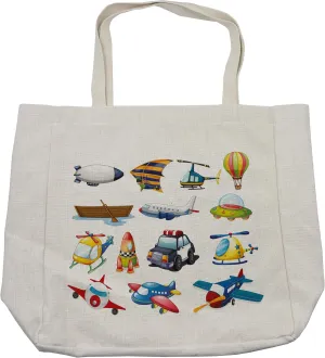 Lunarable Cartoon Shopping Bag, Animation Inspired Rendition of Transportation Means Flight Road Trip Boat Ride, Eco-Friendly Reusable Bag for Groceries Beach and More, 15.5" X 14.5", Multicolor