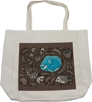 Lunarable Cartoon Shopping Bag, Archaeological Theme Consisting of Bones Leaves and Skeletons Geological, Eco-Friendly Reusable Bag for Groceries Beach and More, 15.5" X 14.5", Cream