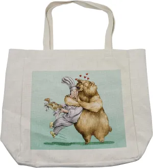 Lunarable Cartoon Shopping Bag, Big Bear Fully Hugs the Pastry Animal Love Humor Satire Romance Theme, Eco-Friendly Reusable Bag for Groceries Beach and More, 15.5" X 14.5", Cream