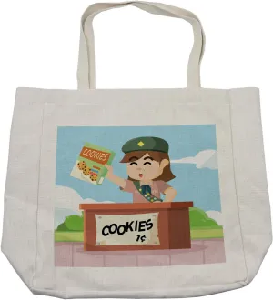 Lunarable Cartoon Shopping Bag, Cartoon Style Bake Sale Illustration with a Scout with Selling Cookies, Eco-Friendly Reusable Bag for Groceries Beach and More, 15.5" X 14.5", Cream