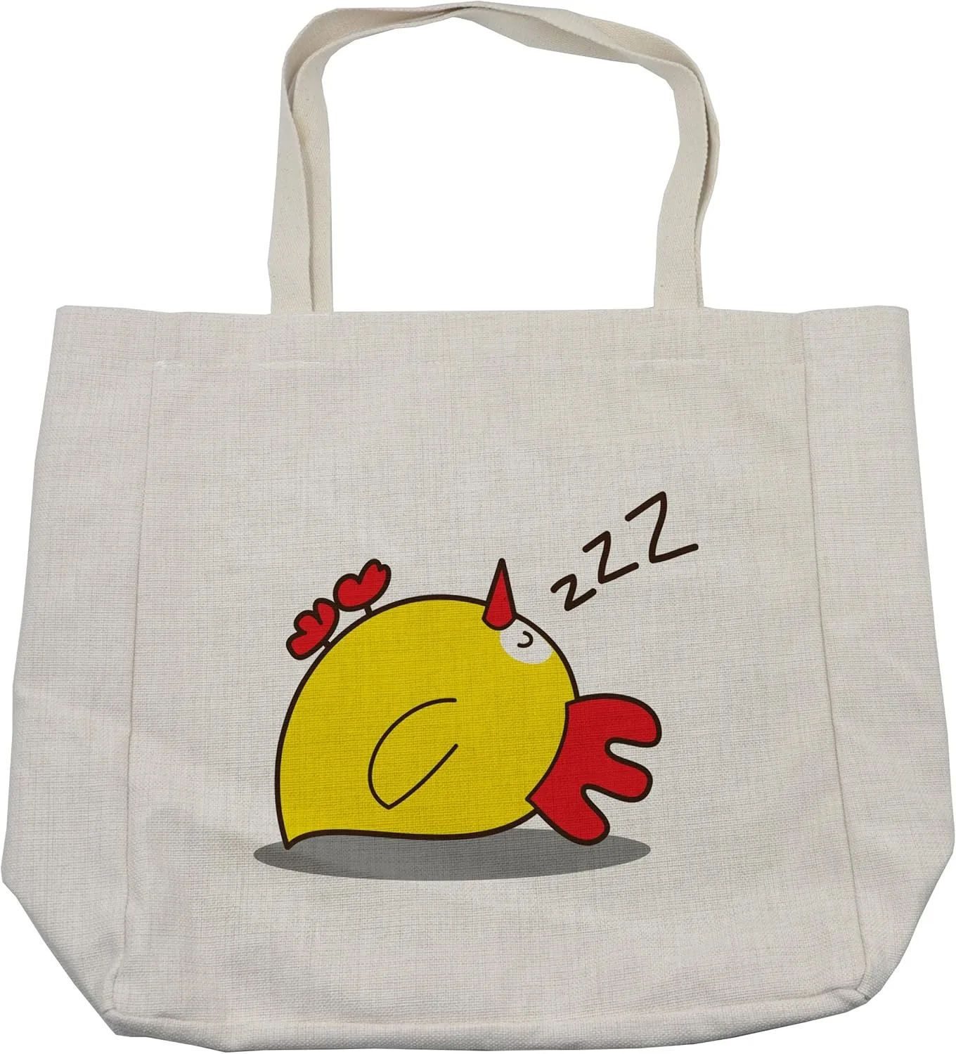 Lunarable Cartoon Shopping Bag, Little Chicken Fallen Asleep Fluffy Bird Character Beak Farm Life, Eco-Friendly Reusable Bag for Groceries Beach and More, 15.5" X 14.5", Red Yellow Grey