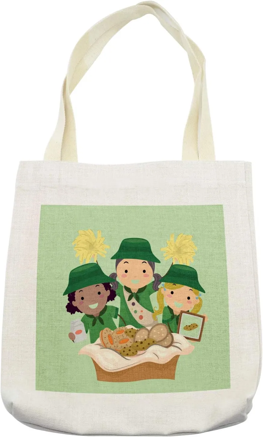Lunarable Cartoon Tote Bag, Illustration of Girls with Uniforms Selling Various Cookies Fundraiser Event, Cloth Linen Reusable Bag for Shopping Books Beach and More, 16.5" X 14", Cream