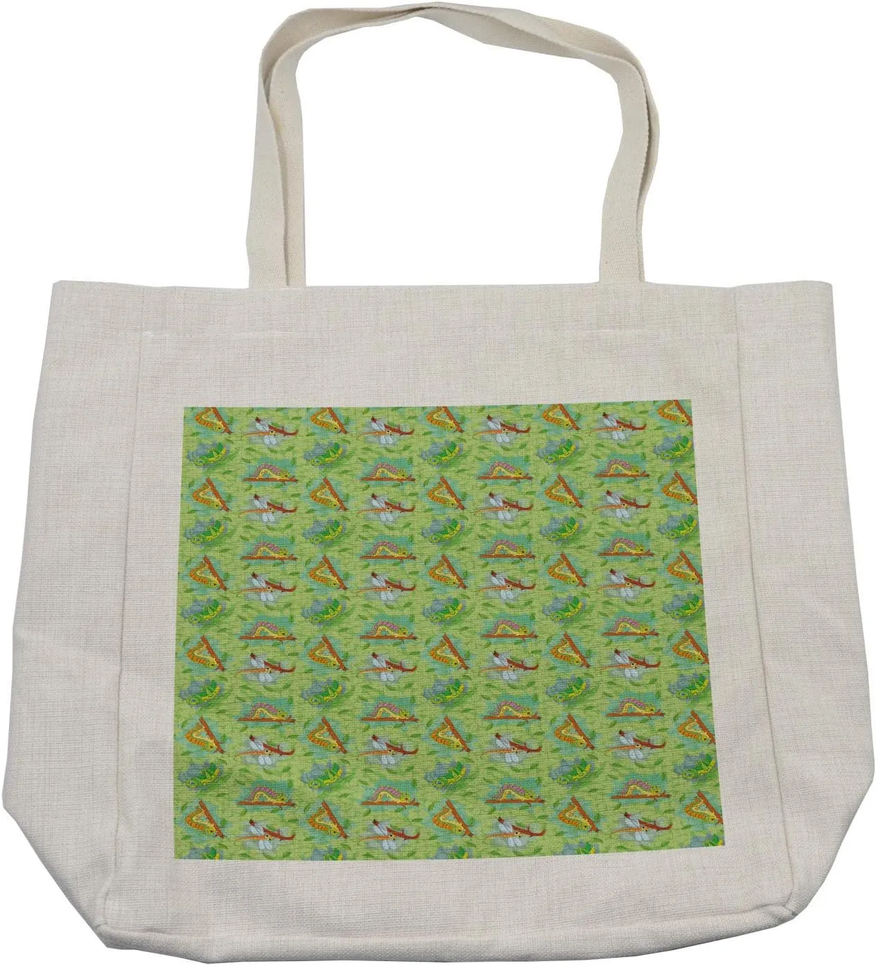 Lunarable Caterpillar Shopping Bag, Cartoon Smiling Insects Funny Dragonfly and Grasshopper on Greenery, Eco-Friendly Reusable Bag for Groceries Beach and More, 15.5" X 14.5", Cream