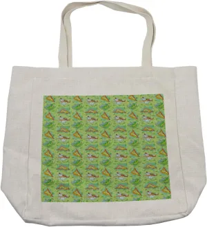 Lunarable Caterpillar Shopping Bag, Cartoon Smiling Insects Funny Dragonfly and Grasshopper on Greenery, Eco-Friendly Reusable Bag for Groceries Beach and More, 15.5" X 14.5", Cream