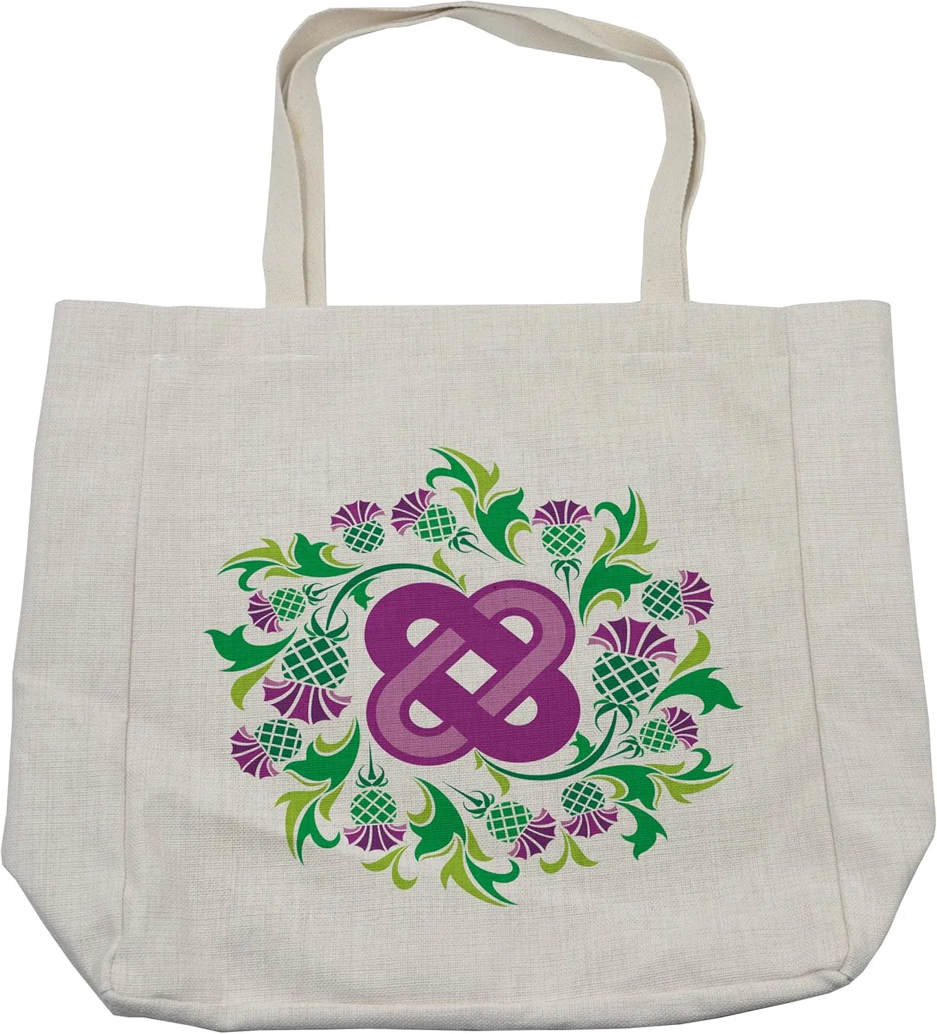Lunarable Celtic Shopping Bag, Eternal Life Celtic Motif Surrounded with Thistle Flower and Leaves Image, Eco-Friendly Reusable Bag for Groceries Beach and More, 15.5" X 14.5", Cream