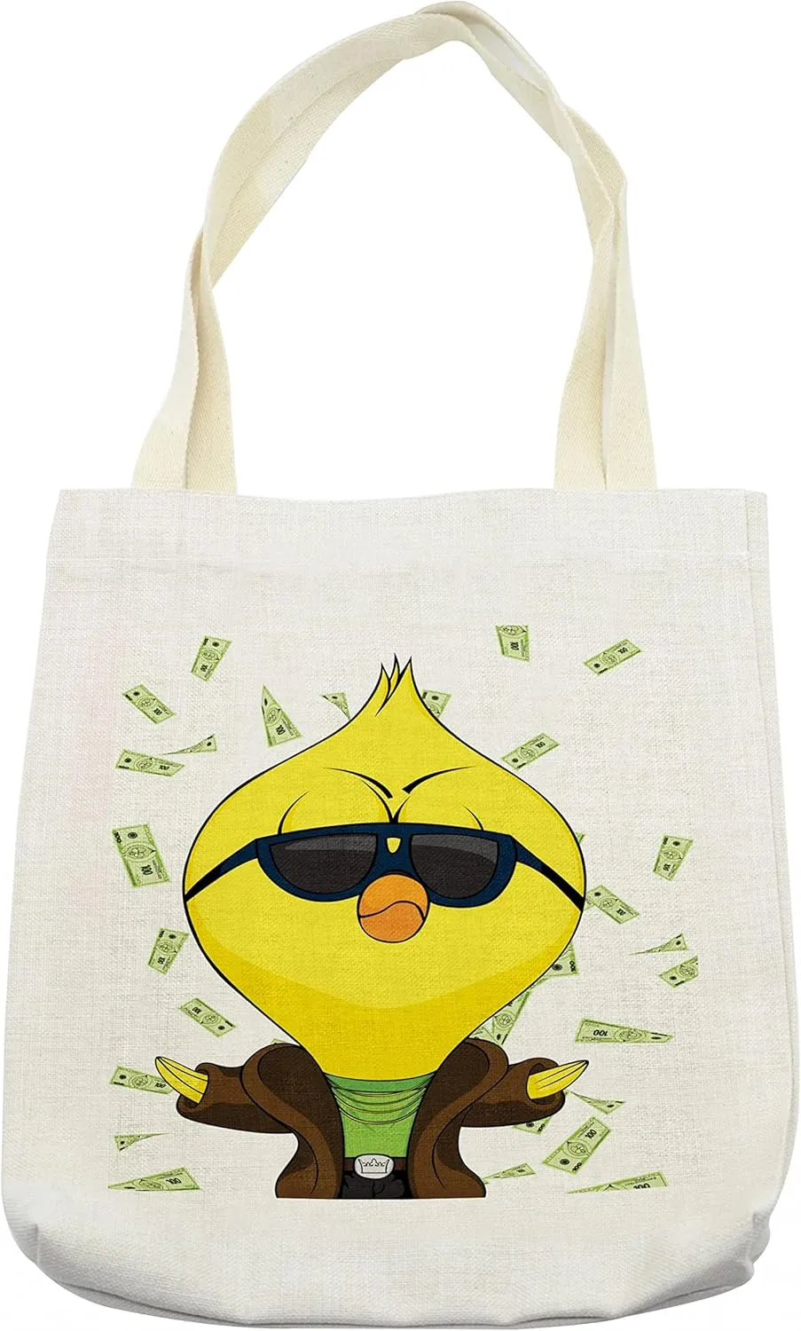 Lunarable Chicken Tote Bag, Cartoon Chick with Trench Coat Chains Sunglasses on Hundred Dollar Bills Backdrop, Cloth Linen Reusable Bag for Shopping Books Beach and More, 16.5" X 14", Cream