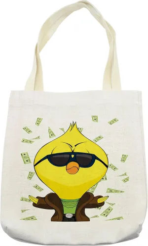 Lunarable Chicken Tote Bag, Cartoon Chick with Trench Coat Chains Sunglasses on Hundred Dollar Bills Backdrop, Cloth Linen Reusable Bag for Shopping Books Beach and More, 16.5" X 14", Cream