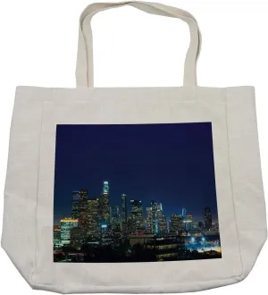 Lunarable Cities of States Shopping Bag, Downtown Los Angeles Colorful Night Time Landscape Financial District, Eco-Friendly Reusable Bag for Groceries Beach and More, 15.5" X 14.5", Cream