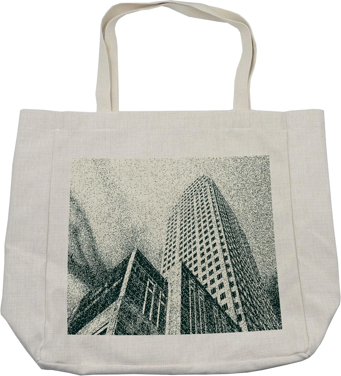 Lunarable Cityscape Shopping Bag, Grunge Upward Urban Skyscraper View Digital Dot Modern Gritty Illustration, Eco-Friendly Reusable Bag for Groceries Beach and More, 15.5" X 14.5", Cream
