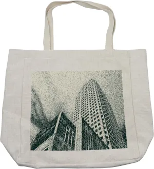 Lunarable Cityscape Shopping Bag, Grunge Upward Urban Skyscraper View Digital Dot Modern Gritty Illustration, Eco-Friendly Reusable Bag for Groceries Beach and More, 15.5" X 14.5", Cream