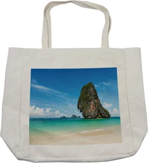 Lunarable Coastal Shopping Bag, Tropical Beach White Sand Karst Rock Coast in Krabi Thailand Limestone Image, Eco-Friendly Reusable Bag for Groceries Beach and More, 15.5" X 14.5", Cream