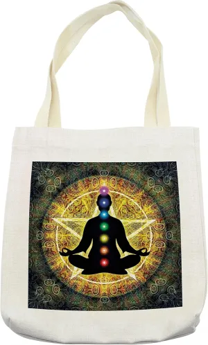 Lunarable Colorful Tote Bag, Silhouette of Meditating Body Vital Energy Point Reflections and Pentagram, Cloth Linen Reusable Bag for Shopping Books Beach and More, 16.5" X 14", Multicolor