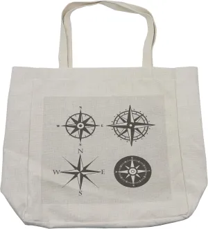 Lunarable Compass Shopping Bag, Various Wind Rose Retro Style Design Group Geographic Direction Silhouette Art Print, Eco-Friendly Reusable Bag for Groceries Beach and More, 15.5" X 14.5", Cream