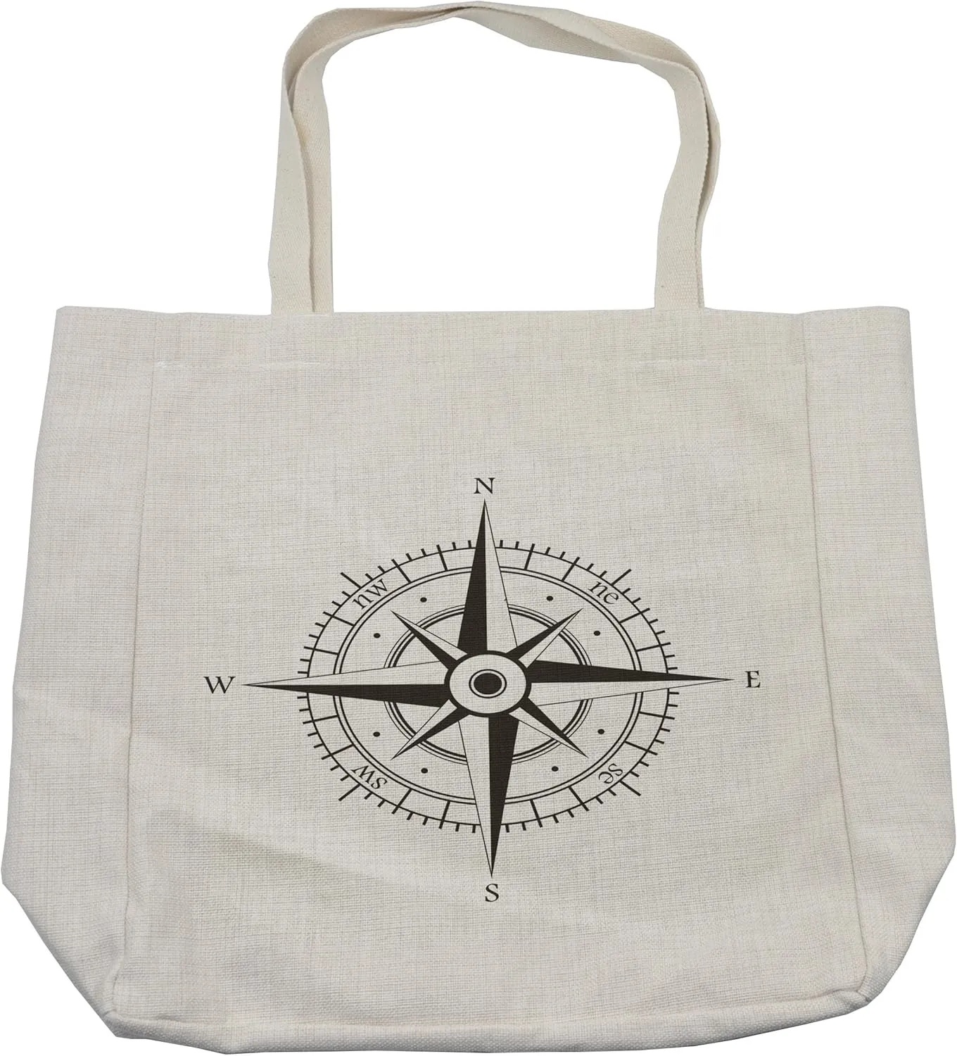 Lunarable Compass Shopping Bag, Wind Rose Old Fashion Navigational Equipments Orienteering Illustration Print, Eco-Friendly Reusable Bag for Groceries Beach and More, 15.5" X 14.5", Cream