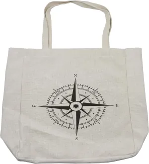 Lunarable Compass Shopping Bag, Wind Rose Old Fashion Navigational Equipments Orienteering Illustration Print, Eco-Friendly Reusable Bag for Groceries Beach and More, 15.5" X 14.5", Cream