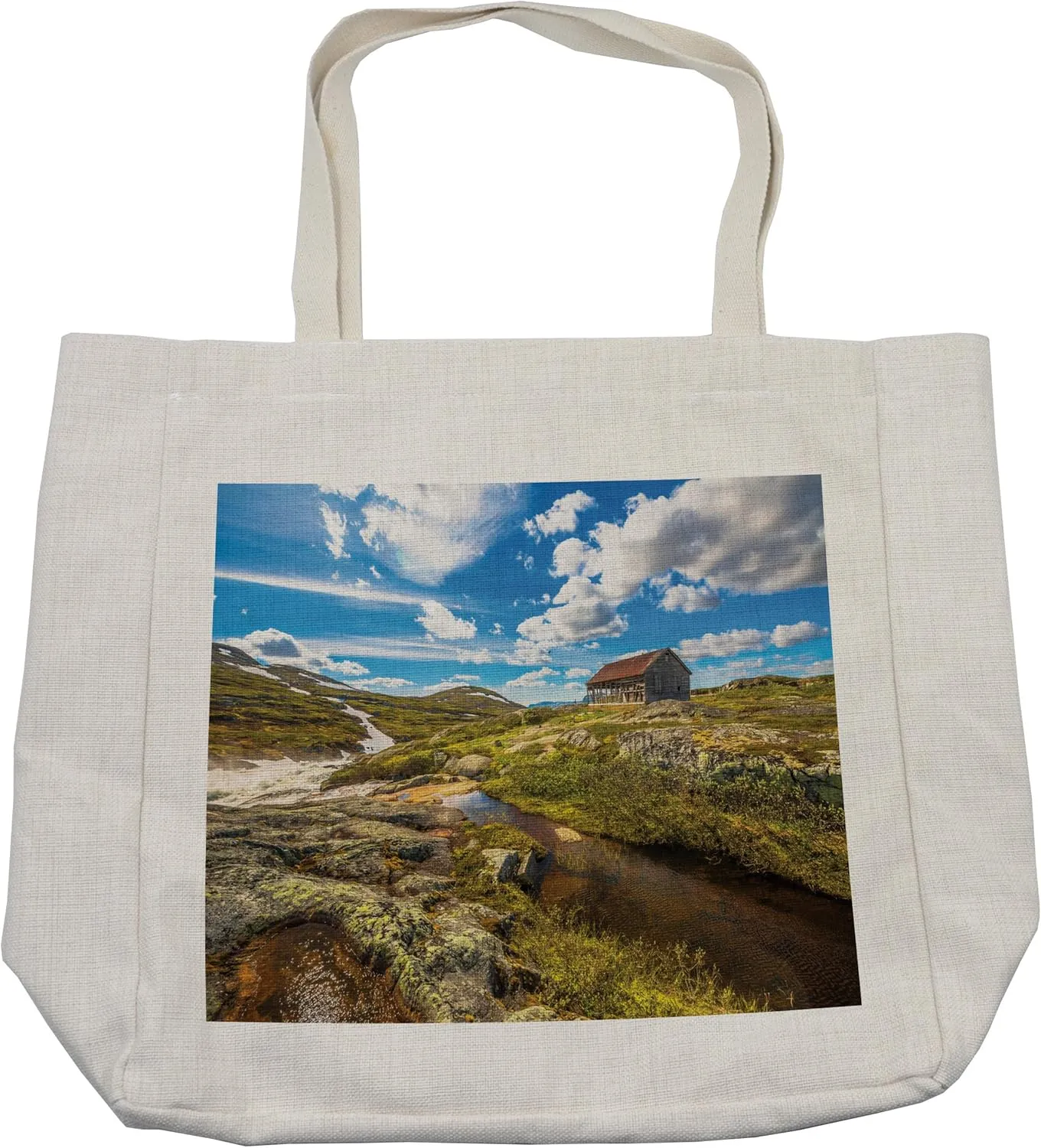 Lunarable Country Shopping Bag, Abandoned House into Wilderness by River on Hillside with Stones Highland Landscape, Eco-Friendly Reusable Bag for Groceries Beach and More, 15.5" X 14.5", Cream
