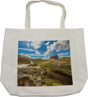 Lunarable Country Shopping Bag, Abandoned House into Wilderness by River on Hillside with Stones Highland Landscape, Eco-Friendly Reusable Bag for Groceries Beach and More, 15.5" X 14.5", Cream