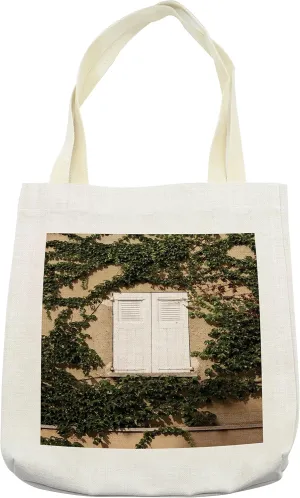 Lunarable Country Tote Bag, Cultural Mediterranean Wood Window Shutter Ivy Plant Image Print, Cloth Linen Reusable Bag for Shopping Books Beach and More, 16.5" X 14", Cream