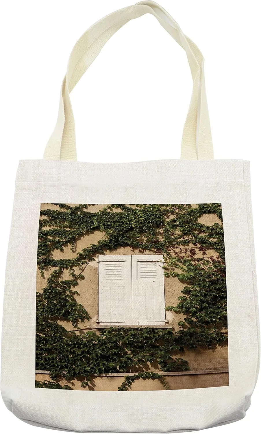 Lunarable Country Tote Bag, Cultural Mediterranean Wood Window Shutter Ivy Plant Image Print, Cloth Linen Reusable Bag for Shopping Books Beach and More, 16.5" X 14", Cream