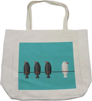 Lunarable Crow Shopping Bag, White Bird on Wire Aside of Many Black Ones Courage Will Power Individuality Theme, Eco-Friendly Reusable Bag for Groceries Beach and More, 15.5" X 14.5", Cream
