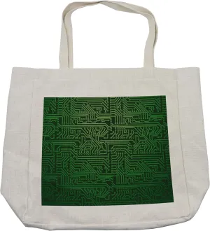 Lunarable Digital Shopping Bag, Computer Art Backdrop with Circuit Board Diagram Hardware Wire Illustration, Eco-Friendly Reusable Bag for Groceries Beach and More, 15.5" X 14.5", Cream