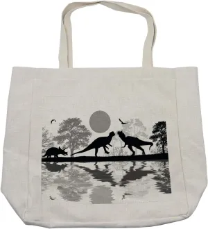 Lunarable Dinosaur Shopping Bag, Prehistoric Silhouettes in Landscape near Water with Tree Reflection Grunge Style, Eco-Friendly Reusable Bag for Groceries Beach and More, 15.5" X 14.5", Cream