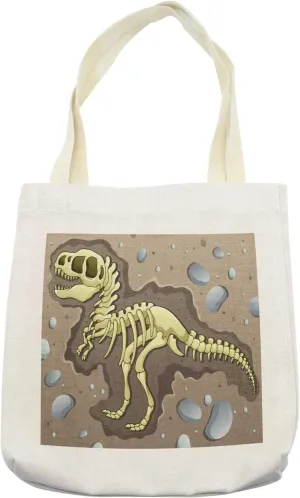 Lunarable Dinosaur Tote Bag, Cartoon Style Illustration of Dinosaur Skeleton Excavation Site, Cloth Linen Reusable Bag for Shopping Books Beach and More, 16.5" X 14", Cream