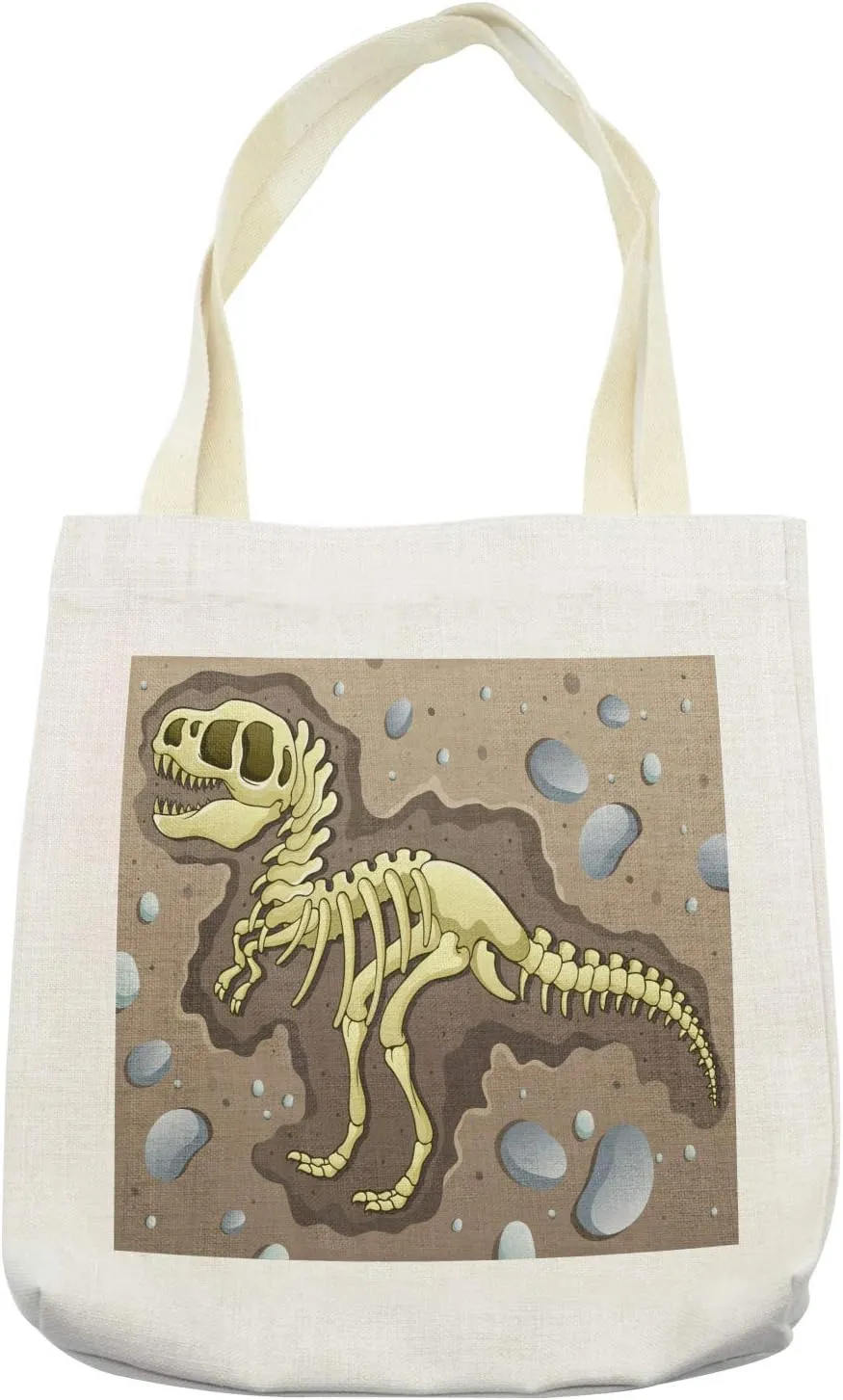 Lunarable Dinosaur Tote Bag, Cartoon Style Illustration of Dinosaur Skeleton Excavation Site, Cloth Linen Reusable Bag for Shopping Books Beach and More, 16.5" X 14", Cream