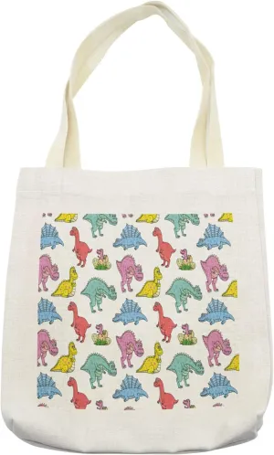 Lunarable Dinosaur Tote Bag, Funny Colorful Cartoon Characters Dinos Sharp Teeth Extinct Prehistoric Animals, Cloth Linen Reusable Bag for Shopping Books Beach and More, 16.5" X 14", Cream