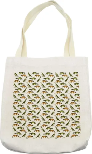 Lunarable Dinosaur Tote Bag, Prehistoric Monsters Jurassic Period Reptiles, Cloth Linen Reusable Bag for Shopping Books Beach and More, 16.5" X 14", Cream