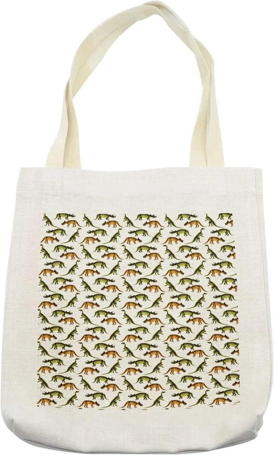 Lunarable Dinosaur Tote Bag, Prehistoric Monsters Jurassic Period Reptiles, Cloth Linen Reusable Bag for Shopping Books Beach and More, 16.5" X 14", Cream