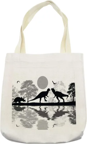 Lunarable Dinosaur Tote Bag, Prehistoric Silhouettes in Landscape near Water with Tree Reflection Grunge Style, Cloth Linen Reusable Bag for Shopping Books Beach and More, 16.5" X 14", Cream