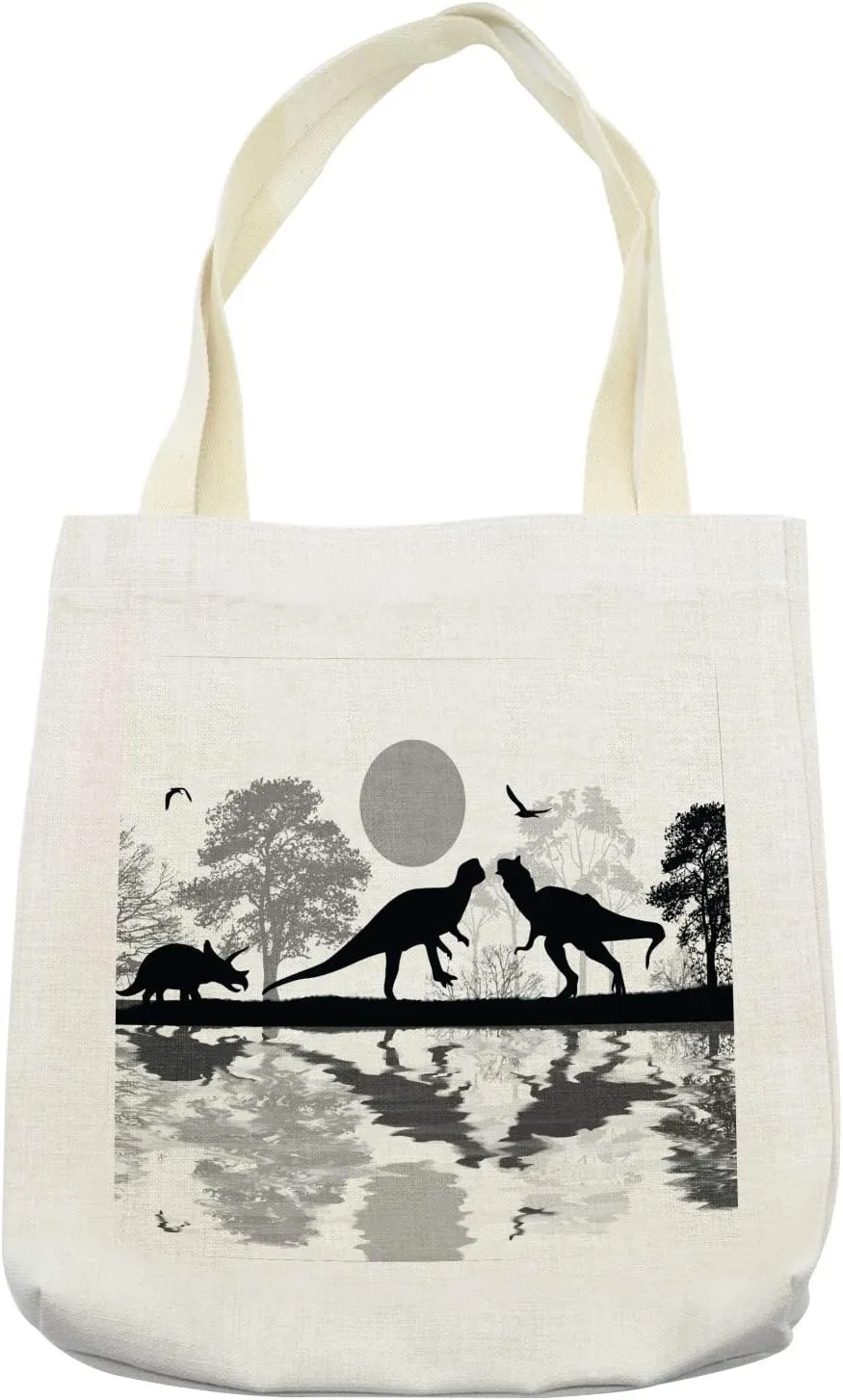 Lunarable Dinosaur Tote Bag, Prehistoric Silhouettes in Landscape near Water with Tree Reflection Grunge Style, Cloth Linen Reusable Bag for Shopping Books Beach and More, 16.5" X 14", Cream