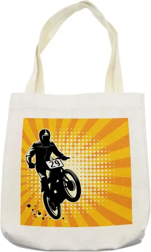 Lunarable Dirt Bike Tote Bag, Abstract Stunt Rider on Yellow and Orange Tone Starburst Pattern with Halftone, Cloth Linen Reusable Bag for Shopping Books Beach and More, 16.5" X 14", Cream